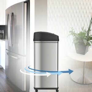 iTouchless - 13 Gallon Touchless Sensor Trash Can with Wheels and AbsorbX Odor Control System, Stainless Steel Automatic Kitchen Bin - Black/Silver