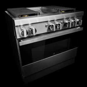 JennAir - NOIR 5.1 Cu. Ft. Freestanding Dual Fuel True Convection Range with Self-Cleaning and Griddle and Steam Assist - Floating Black Glass