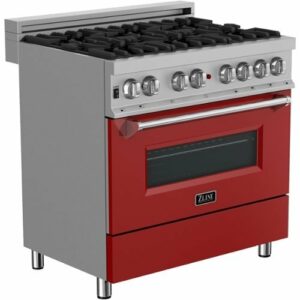 ZLINE - 4.6 cu. ft. Dual Fuel Range with Gas Stove and Electric Oven in Fingerprint Resistant Stainless Steel and Red Matte Door - Matte Red