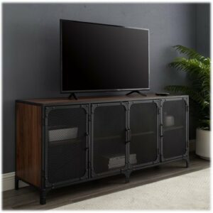 Walker Edison - Industrial Mesh Metal TV Stand Cabinet for Most Flat-Panel TVs Up to 70" - Dark Walnut