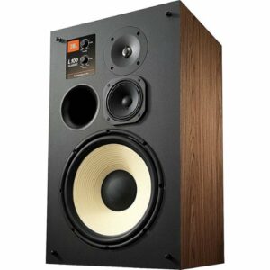 JBL - 12" 3-Way Bookshelf Loudspeakers (Each) - Satin Walnut Wood Veneer With Blue Grille