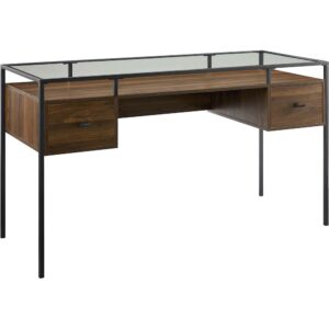 Walker Edison - Modern Glass Top 2-Drawer Computer Desk - Dark Walnut