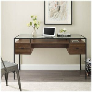 Walker Edison - Modern Glass Top 2-Drawer Computer Desk - Dark Walnut