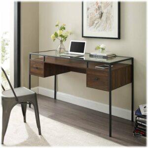 Walker Edison - Modern Glass Top 2-Drawer Computer Desk - Dark Walnut