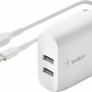 Belkin - 24W Dual Port USB Wall Charger with USB C Cable - Fast Charging for iPhone, Galaxy , Pixel & More - White