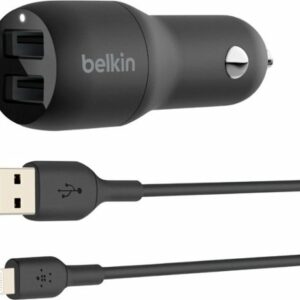 Belkin - 24W Dual USB Car Charger with Lightning Cable and 2 12W USB-A ports - fast charge iPhone, Samsung Galaxy, and more - Black