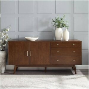 Walker Edison - Mid-Century Modern 2-Shelf 3-Drawer Sideboard - Walnut