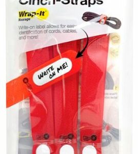 Wrap-It Storage - Cinch-Straps, 5" 10-Pack Write on Label for Cord Identification and Cable Management, Reusable Multi-Purpose Straps - Red