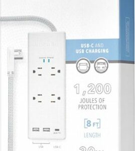 Insignia™ - 4 Outlet/3 USB 1200 Joules Surge Protector Strip - White