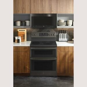 GE Profile - 6.6 Cu. Ft. Freestanding Double Oven Electric True Convection Range with No Preheat Air Fry and Wi-Fi - Black Stainless Steel