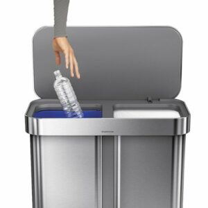 simplehuman - 58 L Rectangular Hands-Free Dual Compartment Recycling Kitchen Step Trash Can with Soft-Close Lid - Brushed Stainless Steel