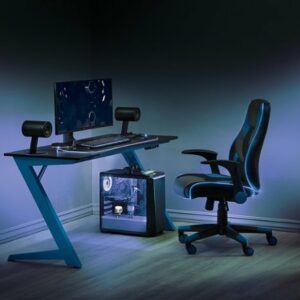 OSP Home Furnishings - Output Gaming Chair in Black Faux Leather  with Controllable RGB LED Light piping. - Black / Blue