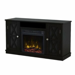 Twin Star Home - TV Stand for TVs up to 55" with Electric Fireplace and Glass Doors with X Mullions - Black