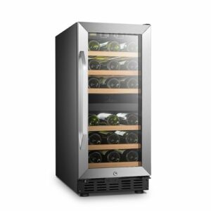 Lanbo - 15 Inch width 28 Bottle Dual Zone Compressor Freestanding/Built-In Wine Fridge with Stainless Steel Door - Black