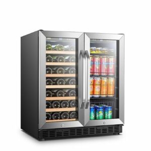 Lanbo - 30 Inch width 70 Can 33 bottle  Freestanding/Built-In Wine and Beverage Cooler with French Doors and 2 Independent Zones - Black