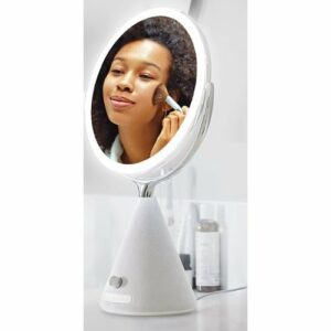 Sharper Image - SpaStudio Vanity Sound, 9-Inch LED Mirror with Built-In Speaker - White