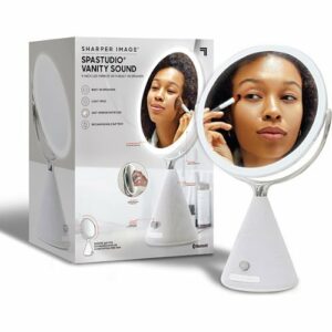 Sharper Image - SpaStudio Vanity Sound, 9-Inch LED Mirror with Built-In Speaker - White