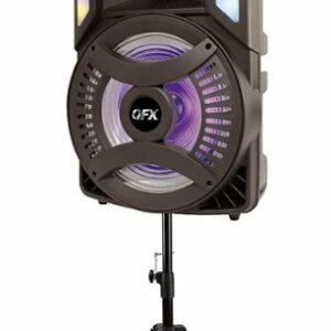 QFX - Portable Rechargeable Bluetooth Speaker and Stand with Wired Microphone and Party Lights - Black