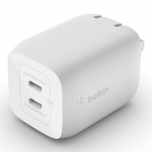 Belkin - 65W Dual USB-C Wall Charger, Fast Charging Power Delivery 3.0 with GaN Technology for Apple iPhone and Samsung - White