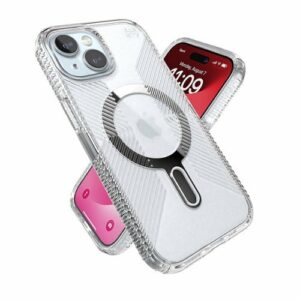 Speck - Presidio Perfect-Clear Grip ClickLock Case with MagSafe for Apple iPhone 15/14/13 - Clear/Chrome