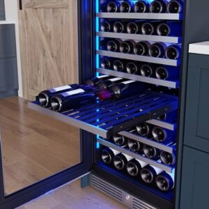 Zephyr - Presrv 24 in. 132-Bottle Built-In/Freestanding Dual Zone Full Size Wine Cooler with Full-Extension Wood Racks - Stainless Steel/Glass